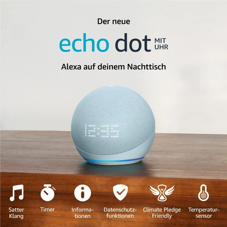 Amazon Echo Dot (5. Generation, 2022) mit Uhr, Smarter Lautsprecher mit Uhr und Alexa, Graublau – Bild 2