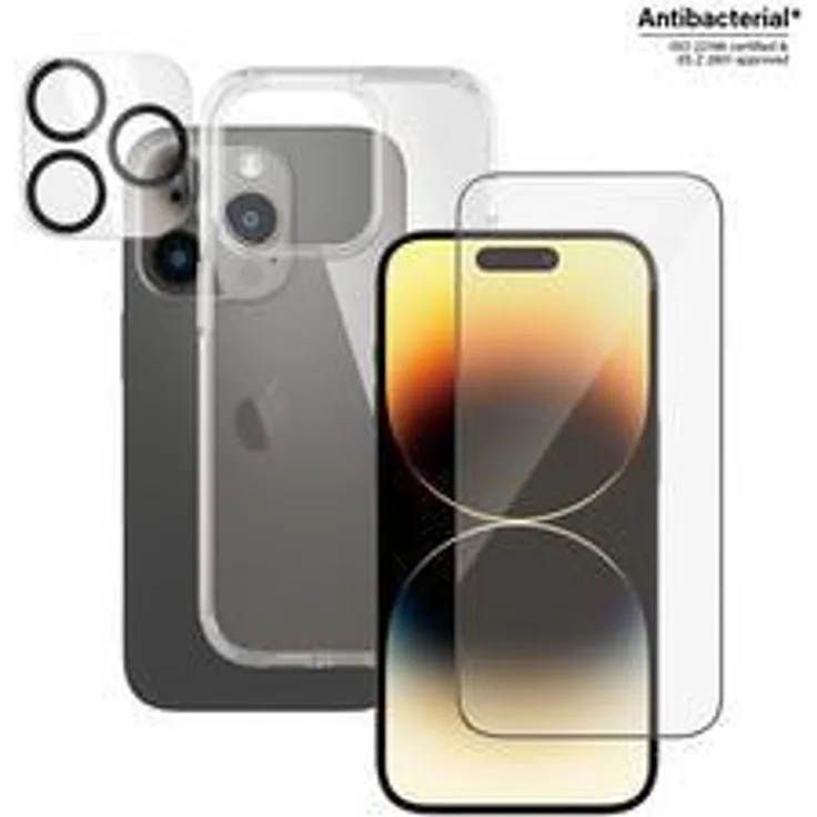 PanzerGlass™ 3-in-1 Schutz-Set für Apple iPhone 14 Pro Klare Bildschirmschutzfolie Apple iPhone 14 Pro Kratzresistent Schockresistent Antibakteriell Transparent 1 Stück(e) (B0402+2784)