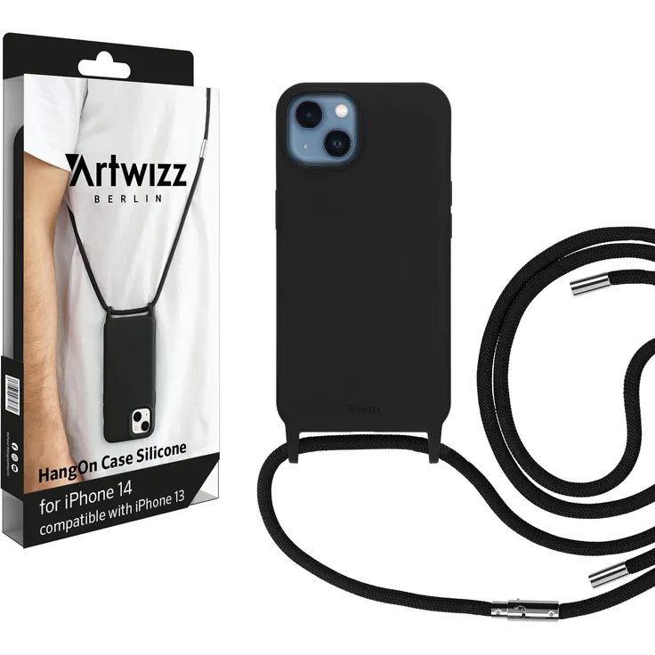 ARTWIZZ HangOn Case Silicone - Silikon Hülle als Handykette zum Umhängen mit Band Black, iPhone 14