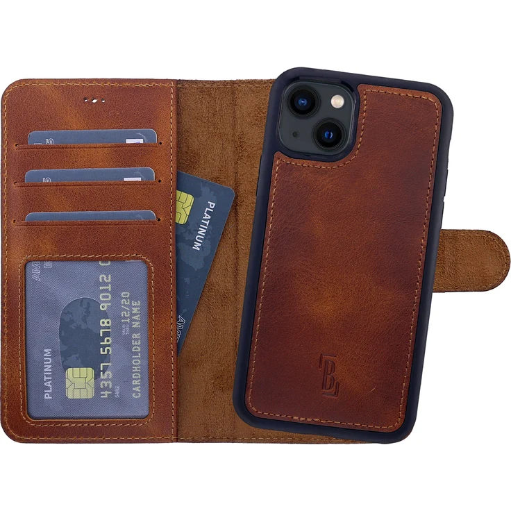 Burkley für iPhone 14 - Magic Wallet - Leder Wallet Case mit abnehmbarer Schutzhülle in Sattelbraun – Bild 1