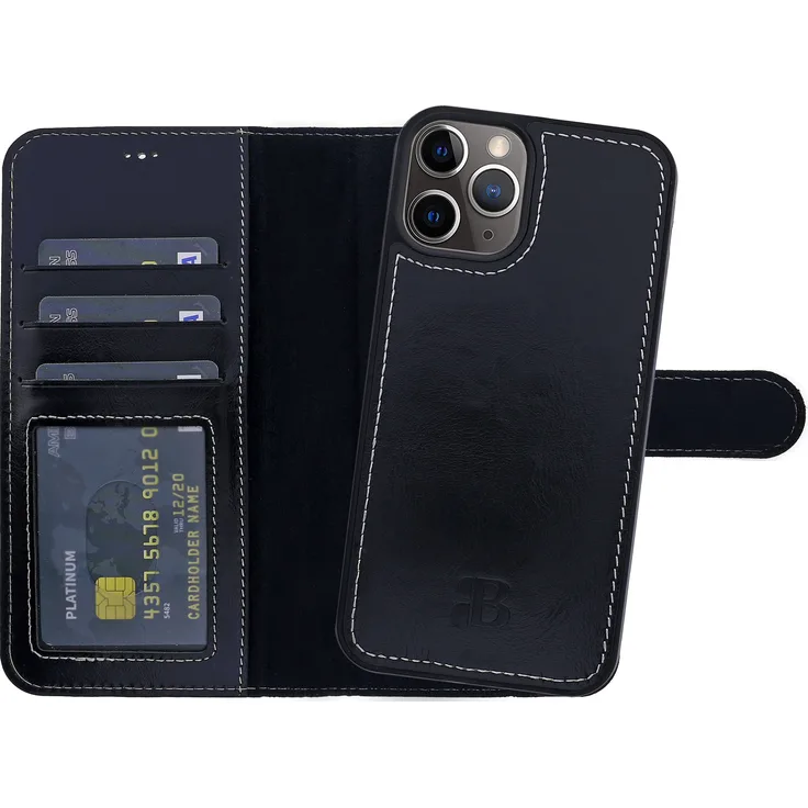 Burkley für iPhone 14 Pro - Magic Wallet - Leder Wallet Case mit abnehmbarer Schutzhülle in Schwarz