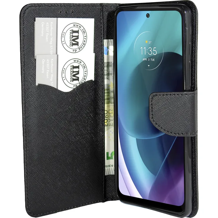 COFI 1453 Buch Tasche "Fancy" kompatibel mit MOTOROLA MOTO G71 5G Handy Hülle Etui Brieftasche Schutzhülle mit Standfunktion, Kartenfach Schwarz