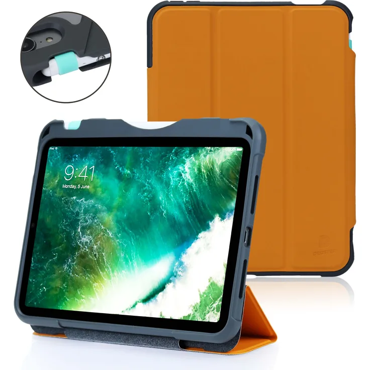 DEQSTER Rugged Case für Apple iPad Mini (6. Generation) - mit Pencilhalterung passend für DEQSTER Pencil, Apple Pencil 1. Generation, Apple Pencil 2. Generation, orange