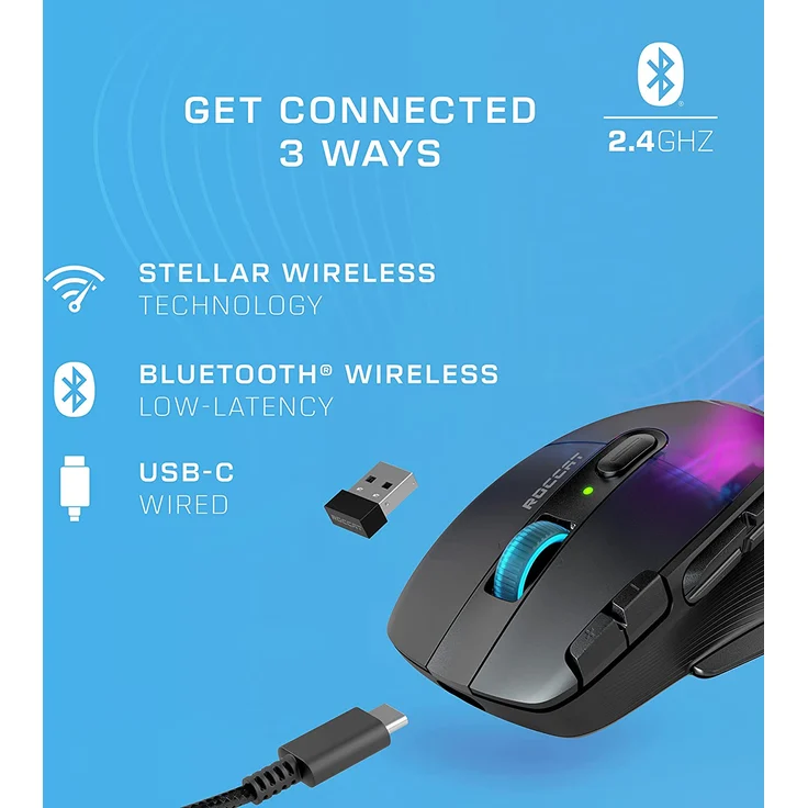 Roccat Kone XP Air – kabellose Gaming-Maus mit optischem Sensor mit 19.000 DPI, AIMO RGB-Beleuchtung, 4D-Mausrad, schwarz – Bild 2