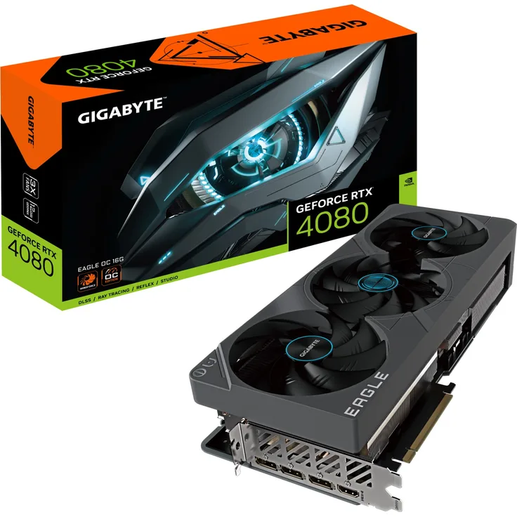 Gigabyte GeForce RTX 4080 - 16GB GDDR6X, 2520 MHz Boost, 3x Axial-Lüfter (110 mm), HDMI, DisplayPort, 320W (GV-N4080EAGLE OC-16GD)