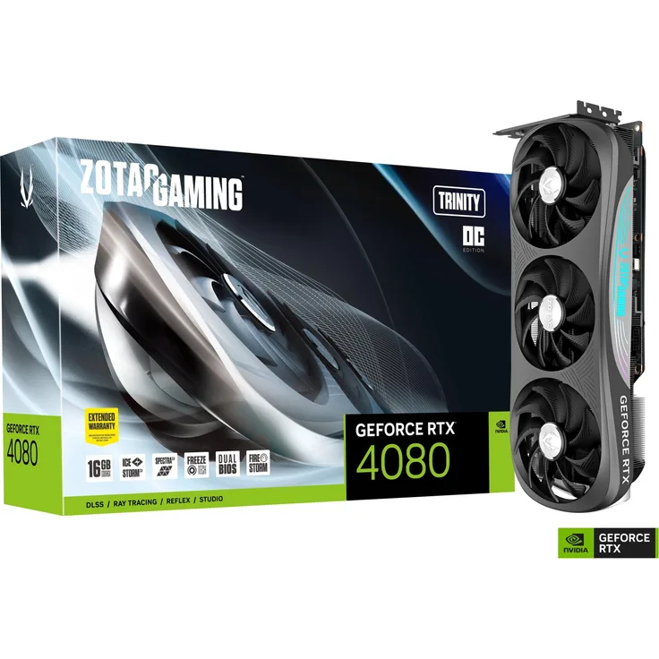 Zotac GeForce RTX 4080 - 16GB GDDR6X, 2520 MHz Boost, 3x Axial-Lüfter (2x 115mm + 1x 100mm), HDMI, DisplayPort, 320W (ZT-D40810J-10P)