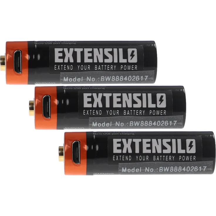 EXTENSILO 3x AA Mignon Akkus mit Micro USB-Anschluss (920mAh, 3,7V, Li-Ion)
