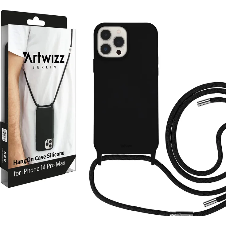 ARTWIZZ HangOn Case Silicone - Silikon Hülle als Handykette zum Umhängen mit Band Black, iPhone 14 Pro Max