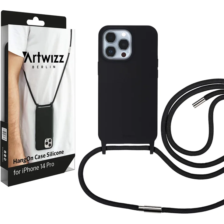 ARTWIZZ HangOn Case Silicone - Silikon Hülle als Handykette zum Umhängen mit Band Black, iPhone 14 Pro