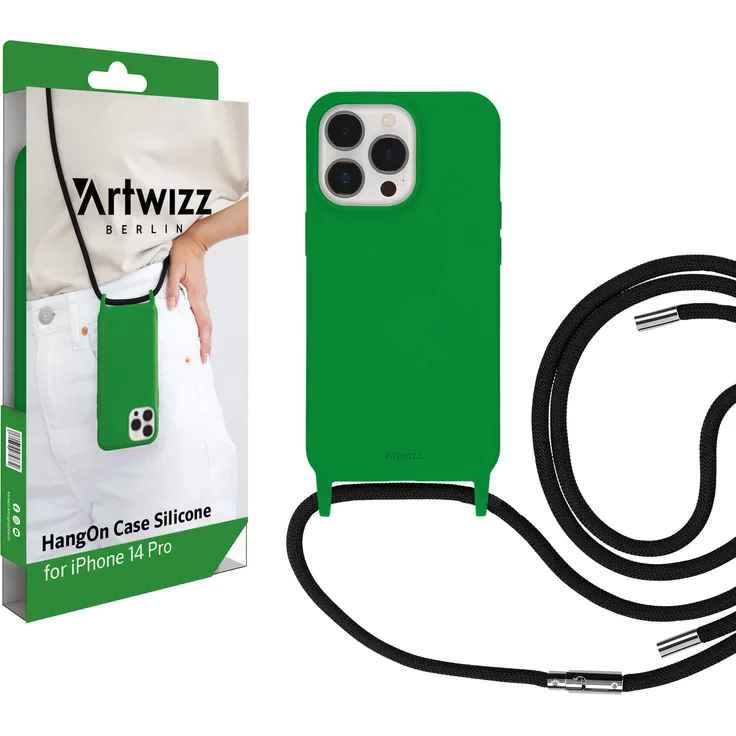 ARTWIZZ HangOn Case Silicone - Silikon Hülle als Handykette zum Umhängen mit Band iPhone 14 Pro, Grass Green