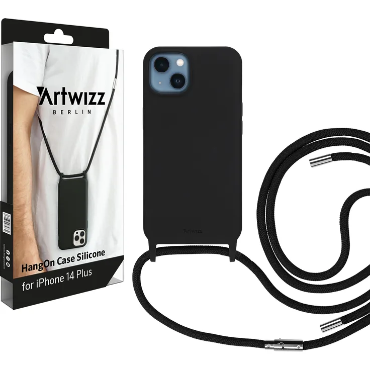 ARTWIZZ HangOn Case Silicone - Silikon Hülle als Handykette zum Umhängen mit Band Black, iPhone 14 Plus