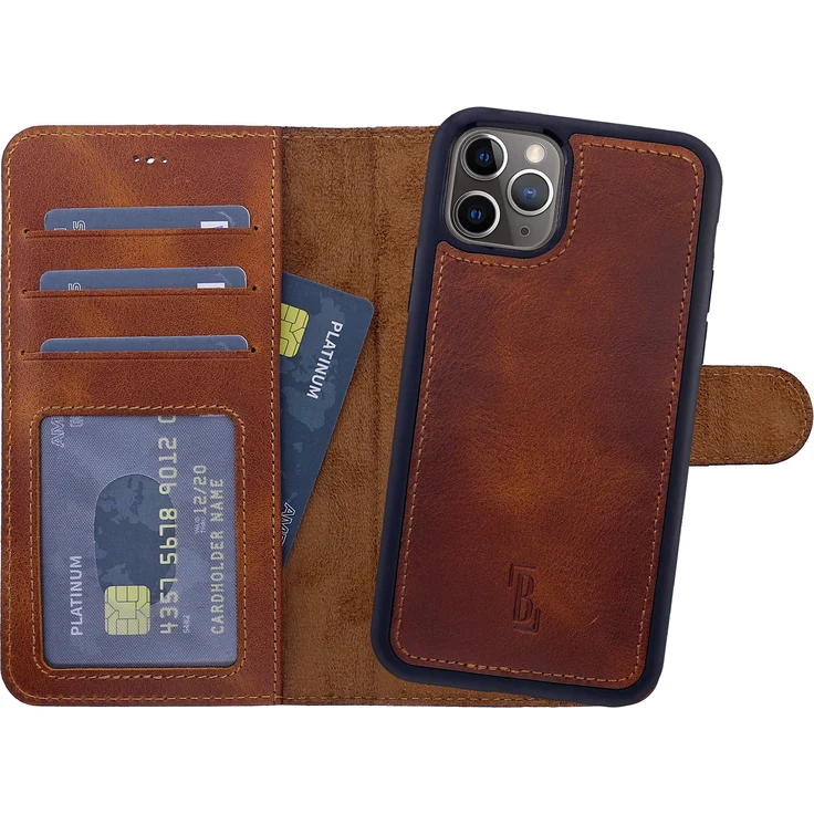 Burkley für iPhone 14 Pro - Magic Wallet - Leder Wallet Case mit abnehmbarer Schutzhülle in Sattelbraun – Bild 1