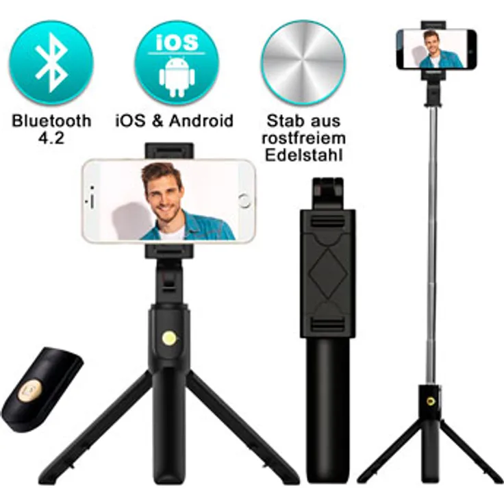 Selfiestick Sharpix, Bluetooth Tripod-Stativ mit Fernbedienung für Smartphone Eaxus