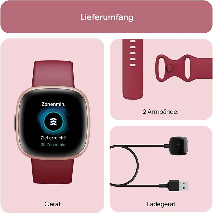 Fitbit Versa 4 Smartwatch GPS, Damen, 40,5mm, Silikonarmband in Himbeerrot, Aluminiumgehäuse in Kupferrosé – Bild 5