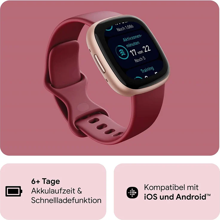 Fitbit Versa 4 Smartwatch GPS, Damen, 40,5mm, Silikonarmband in Himbeerrot, Aluminiumgehäuse in Kupferrosé – Bild 3
