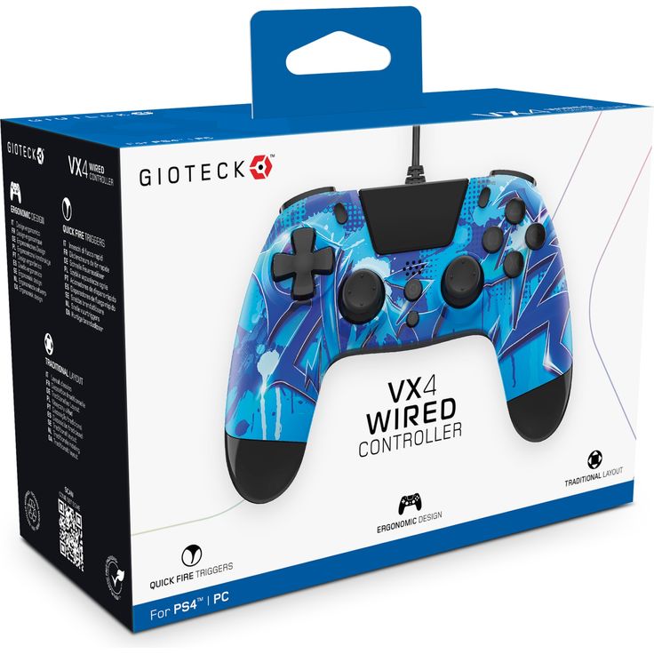 Gioteck VX-4 Premium Wired Controller, Blue Lightning (PC, PS4)