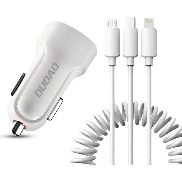 Dudao Car Kit 2x USB 2.4A Ladegerät + 3in1 Lightning Typ C Micro USB Ladekabel Kfz für Smartphones weiß