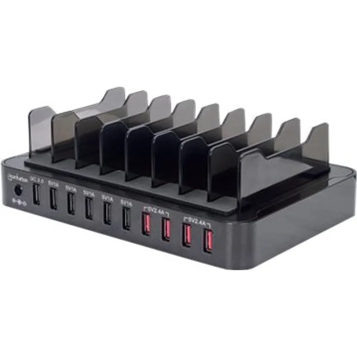 Manhattan Charging Station, 10x USB-A Ports, Outputs: 1x 2.4A (QC 2.0), 4x 2.4A & 5x 1A, Black, Three Year , Box Ladestation + AC-Netzteil 12 Watt 2.4 A QC 2.0 10 Ausgabeanschlussstellen (USB)
