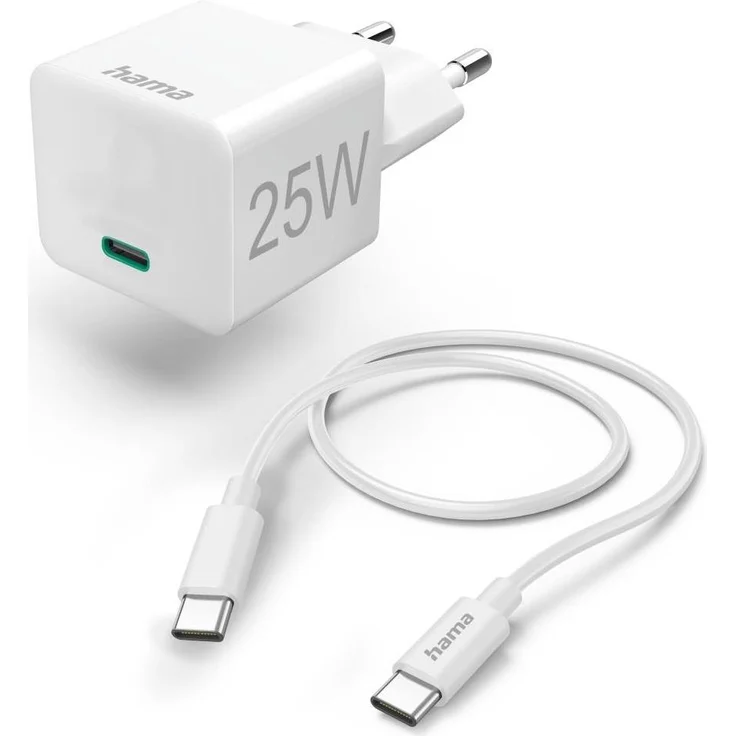Hama Schnellladegerät mit Ladekabel USB-C, Mini-Ladegerät, PD, 25W, 1,5 m, Weiß (00201624) – Bild 1