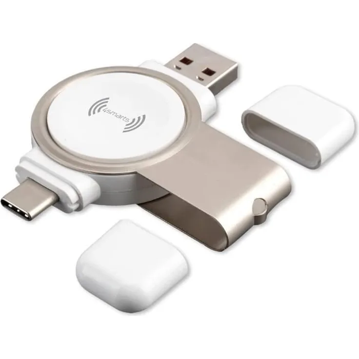 4smarts Wireless Charger VoltBeam Mini 2,5W für Apple Watch 1-8 mit USB-A und USB-C Stecker weiß