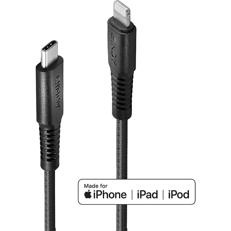Lindy Lightning-Kabel USB-C männlich bis Lightning männlich 3 m abgeschirmt Schwarz rund, unterstützt Power Delivery 2,0 für Apple iPad-iPhone-iPod (Lightning)