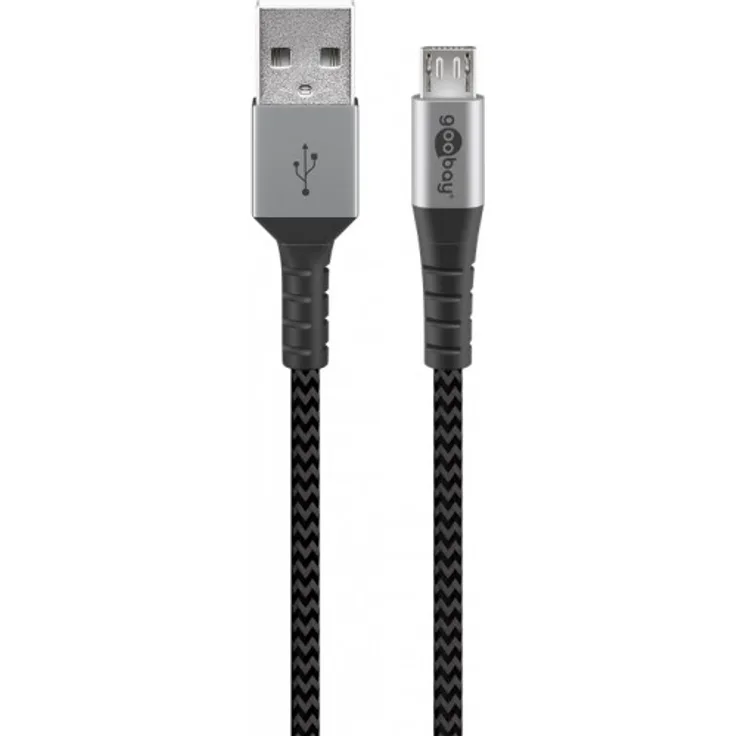 Goobay Micro-USB auf USB-A Textilkabel mit Metallsteckern, extra-robustes Verbindungskabel für Geräte mit Micro-USB Anschluss, optimierter Knickschutz : 2 Meter