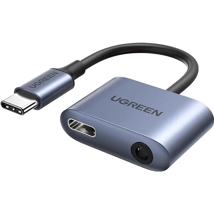 Ugreen USB Typ C (männlich) USB Typ C PD QC (weiblich) + 3,5mm Miniklinke (weiblich) Audio Adapter grau