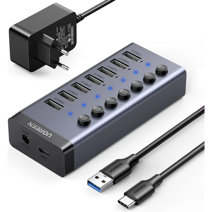 Ugreen Multifunktions HUB 7in1 USB Typ C 7x USB Typ A 3.0 PD DC 12V PowerDelivery Ladegerät grau