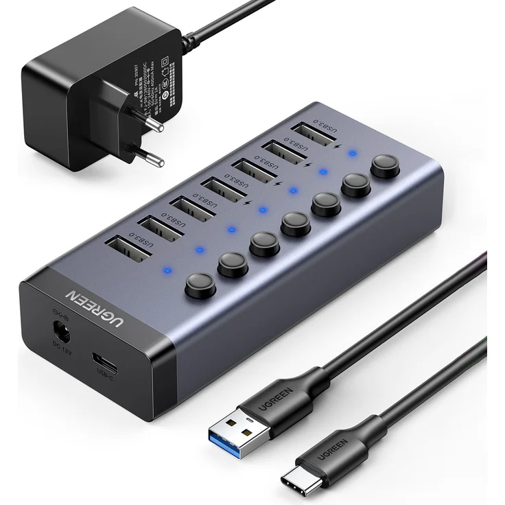 Ugreen Multifunktions HUB 7in1 USB Typ C 7x USB Typ A 3.0 PD DC 12V PowerDelivery Ladegerät grau – Bild 1