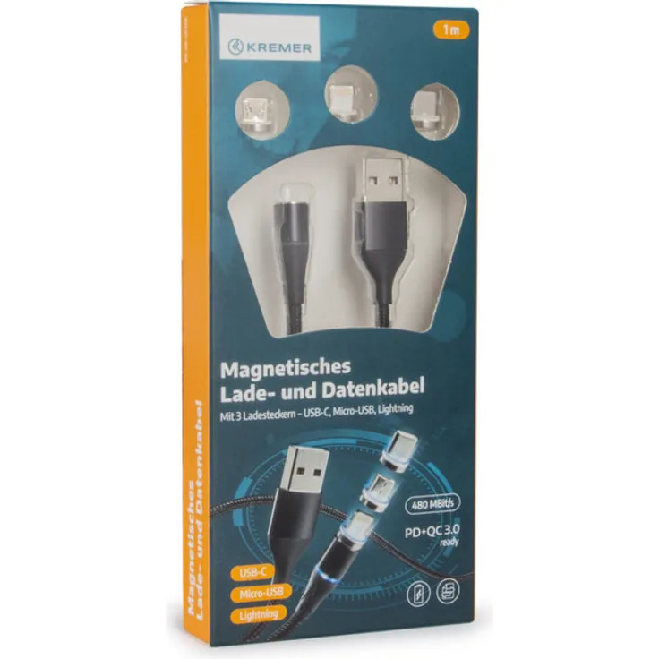 Kremer Magnet Kabel Quick Charge PD + QC 3.0. Micro-USB, USB-C, Lightning Schnell-Ladekabel Datenkabel Schwarz