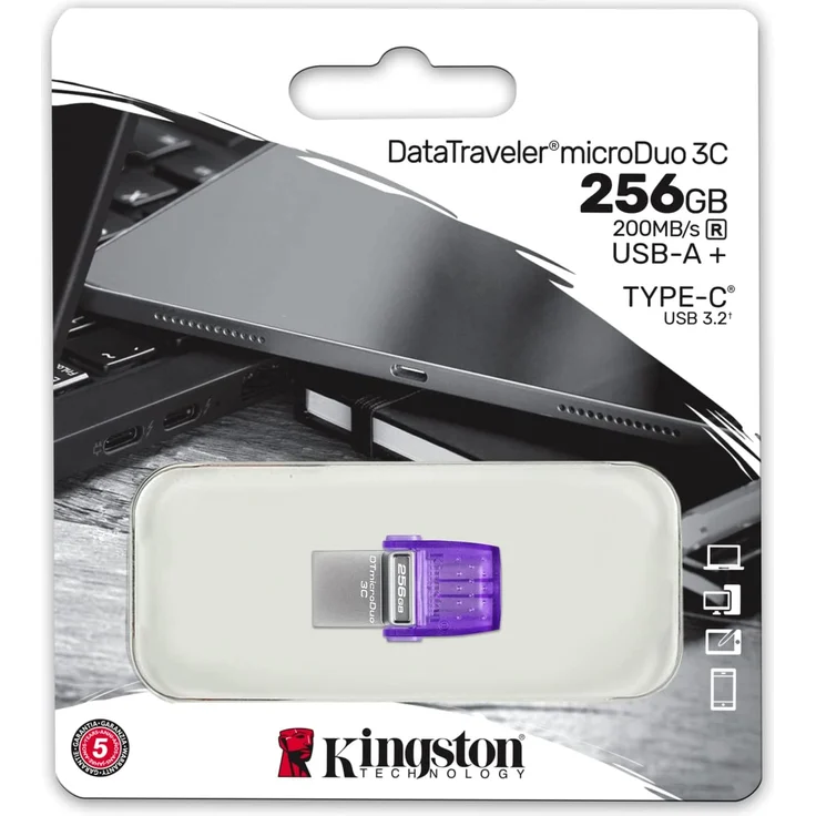 Kingston DataTraveler microDuo 3C USB-Stick 256GB USB Gen 3 Type-C und Type-A - DTDUO3CG3-256GB, Lila + Silber (DTDUO3CG3/256GB) – Bild 3