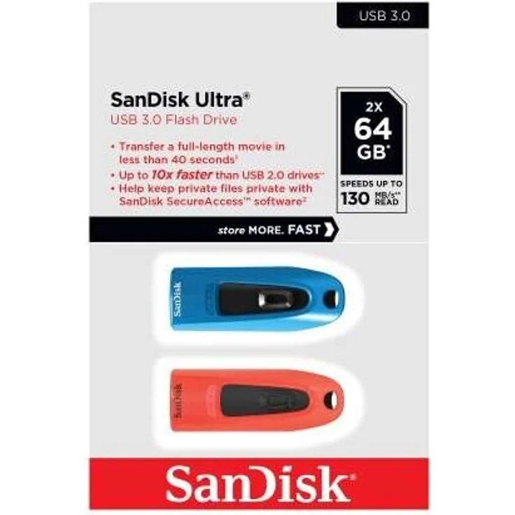 SanDisk Ultra - USB-Flash-Laufwerk - 64 GB - USB 3.0 - Blau, Rot (Packung mit 2) (619659193508) – Bild 2
