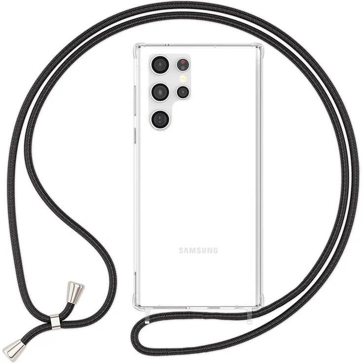 NALIA Klares Hybrid Case mit Kette für Samsung Galaxy S23 Ultra Hülle, Transparent Anti-Gelb Verstärkte Ecken, Harte Rückseite, Silikon-Rahmen, Handyhülle, Handy-Band, schwarz