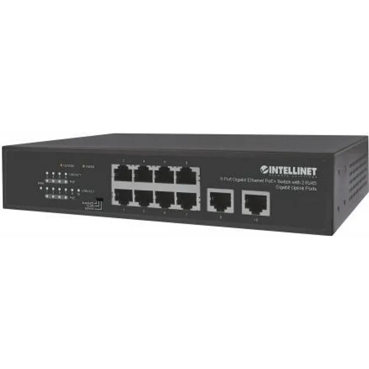 INTELLINET 8-Port Gigabit Ethernet PoE+ Switch mit 2 RJ45 Gigabit Uplink-Ports IEEE 802.3at-af Power over Ethernet (PoE+-PoE)-konform, 120 W, Endspan, Desktop