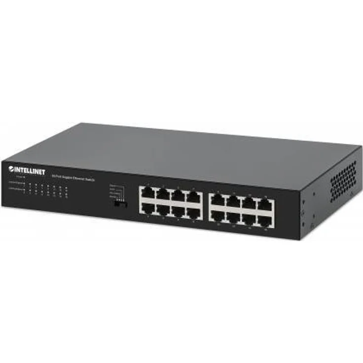 INTELLINET 16-Port Gigabit Ethernet Switch 16 x 10-100-1000 Mbit-s RJ45-Ports, IEEE 802.3az Energy Efficient Ethernet, Desktop-Format, optionale 48,30cm (19")-Montagewinkel im Lieferumfang – Bild 1