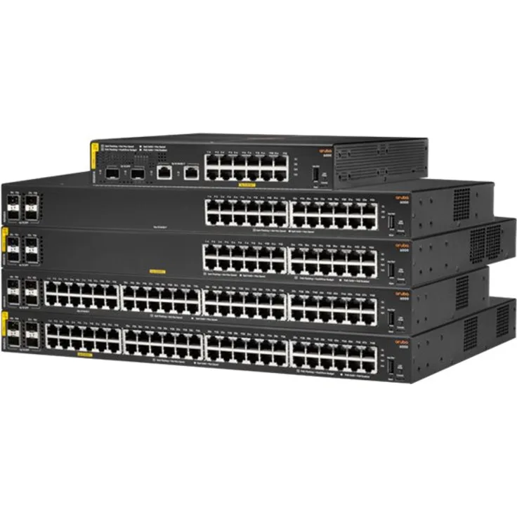 HPE Aruba 6000 48G Class4 PoE 4SFP 370W Switch - Switch - managed - 48 x 10-100-1000 (PoE+) + 4 x Gigabit SFP - Seite-zu-Seite-Luftstrom - an Rack montierbar (R8N85A#ABB)