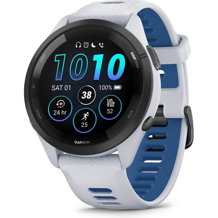 Garmin Forerunner 265 Smartwatch GPS, Unisex, 46mm, Polymergehäuse, Silikonarmband, Weiß/Dunkelblau (010-02810-11)