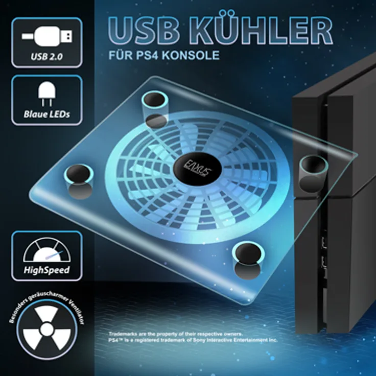Eaxus USB Kühler und Ständer für PS4 und Laptops mit blauer LED Beleuchtung, transparent