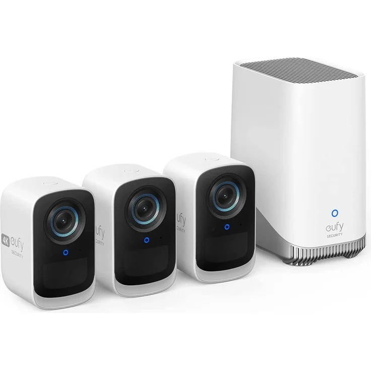eufy Security eufyCam S300 3C, Überwachungskamera außen, 4K kabellose Überwachungskamera mit Gesichtserkennung und KI, farbige Nachtsicht, erweiterbarer Speicher auf 16 TB, Überwachungskamera Set 3+1, weiß (T8882321) – Bild 1