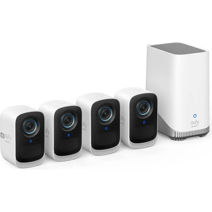 eufy Security eufyCam S300 3C, Überwachungskamera außen, 4K kabellose Überwachungskamera mit Gesichtserkennung und KI, farbige Nachtsicht, erweiterbarer Speicher auf 16 TB, Überwachungskamera Set 4+1, weiß (T8883321) – Bild 1