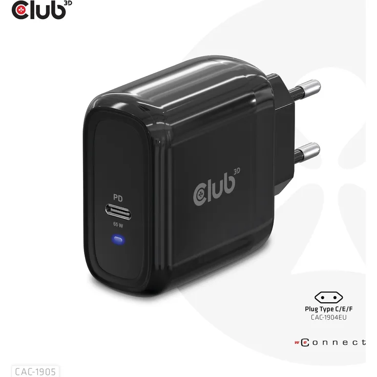 CLUB3D Travel Charger 65W GAN technology Single port USB Type-C Power Delivery(PD) 3.0 Support (CAC-1905EU)