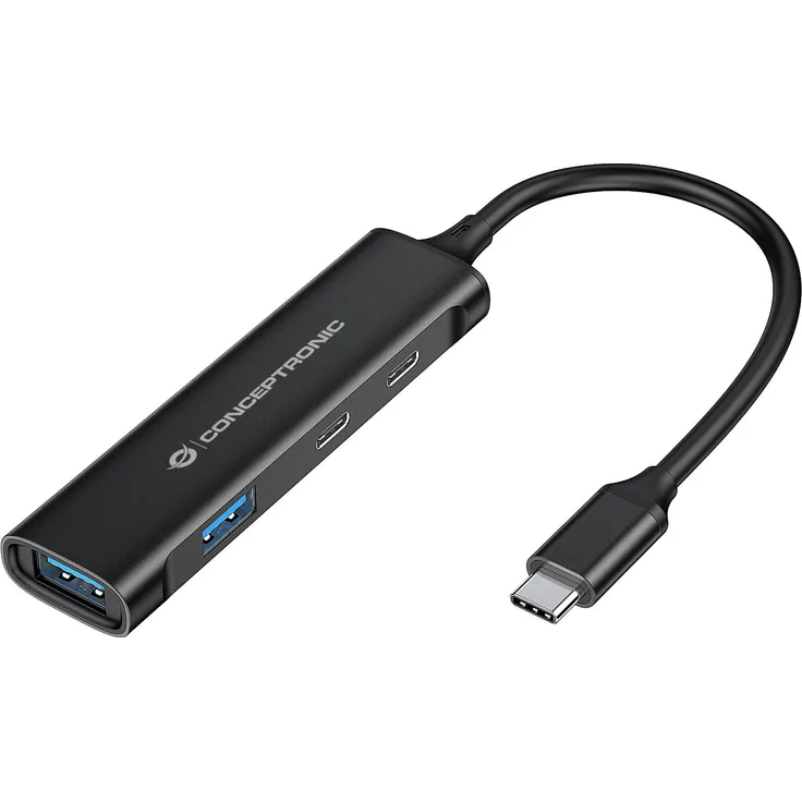 Conceptronic HUBBIES 4-Port-USB 3.0-Hub - USB-C-Anschluss - USB 3.2 Gen 1 (3.1 Gen 1) Type-C - 5000 Mbit-s - Schwarz - Aluminium - 0,15 m - USB (HUBBIES12B)