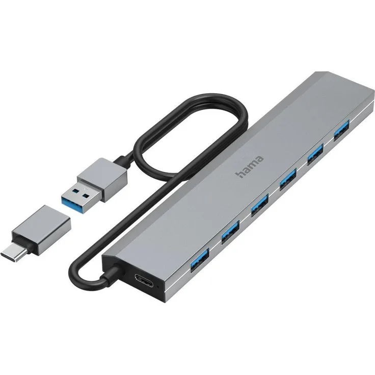 Hama USB-Hub, 7 Ports, USB 3.2 Gen1, 5 Gbit-s, inkl. USB-C-Adapter und Netzteil (00200137)