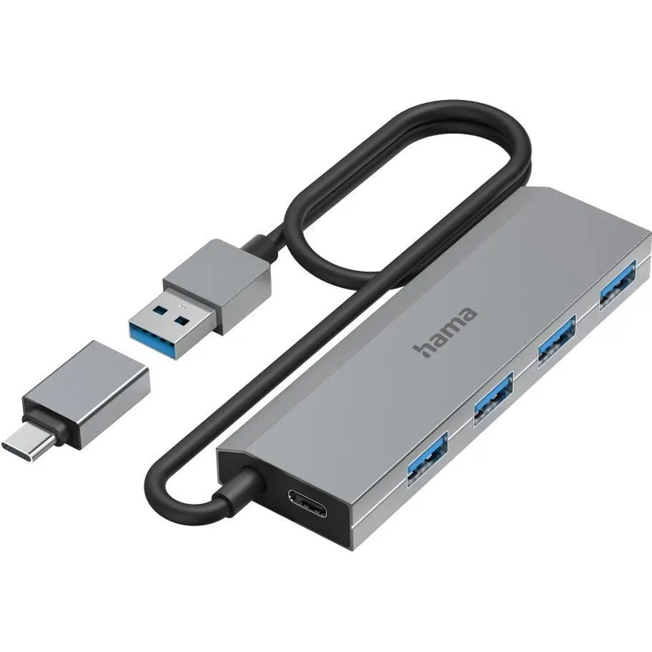 Hama USB-Hub, 4 Ports, USB 3.2 Gen1, 5 Gbit-s, inkl. USB-C-Adapter und Netzteil (00200138)