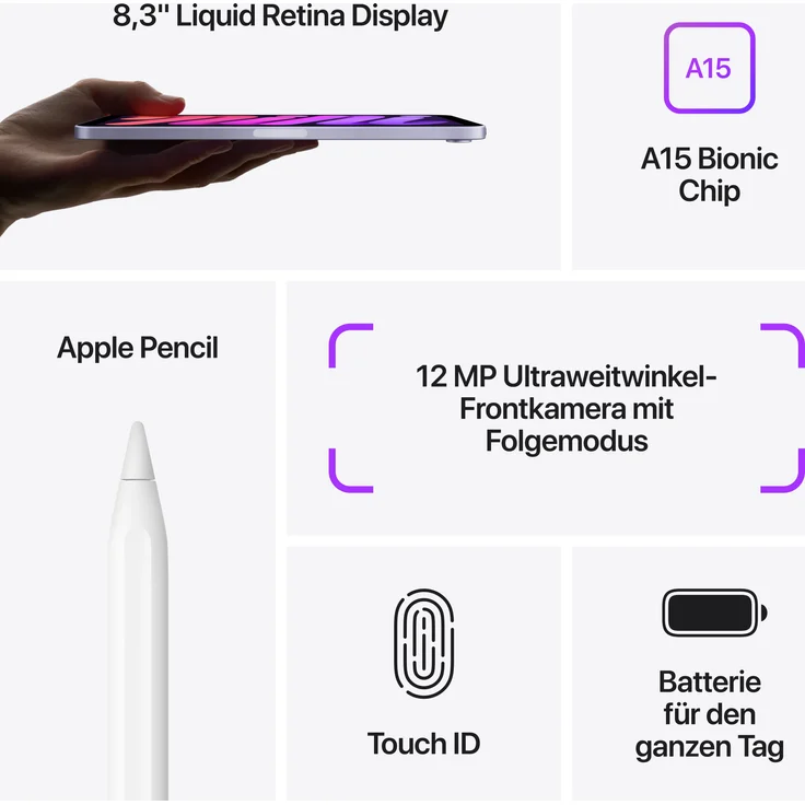 Apple iPad mini (2021) WiFi Quad-HD-Auflösung 8,3 Zoll, WiFi-Tablet, Hexa-Core A15 Bionic Chip, 64 GB Speicher, iPadOS, Violett (MK7R3FD/A) – Bild 7