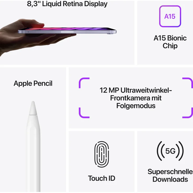 Apple iPad mini (2021) WiFi Quad-HD-Auflösung 8,3 Zoll, LTE-Tablet, Hexa-Core A15 Bionic Chip, 64 GB Speicher, iPadOS, Rosé (MLX43FD/A) – Bild 7