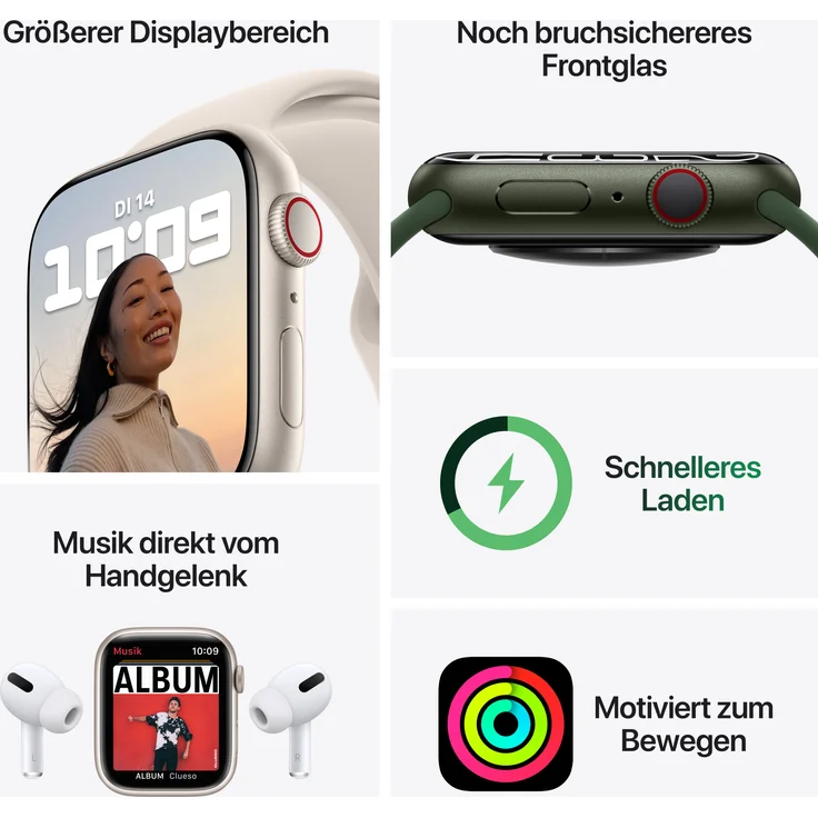 Apple Watch Series 7 Smartwatch GPS + Cellular, 45mm, Edelstahlgehäuse Silber, Sportarmband Polarstern – Bild 8