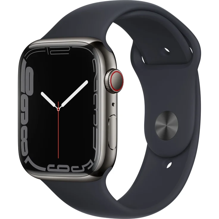 Apple Watch Series 7 Smartwatch GPS + Cellular, 45mm, Edelstahlgehäuse Graphite, Sportarmband Mitternacht (MNAX3FD/A) – Bild 1