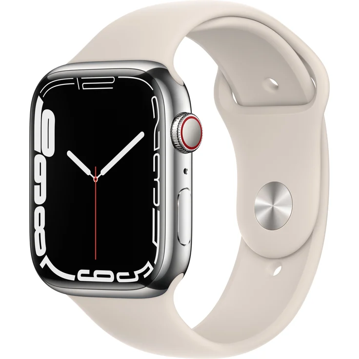 Apple Watch Series 7 Smartwatch GPS + Cellular, 45mm, Edelstahlgehäuse Silber, Sportarmband Polarstern – Bild 1