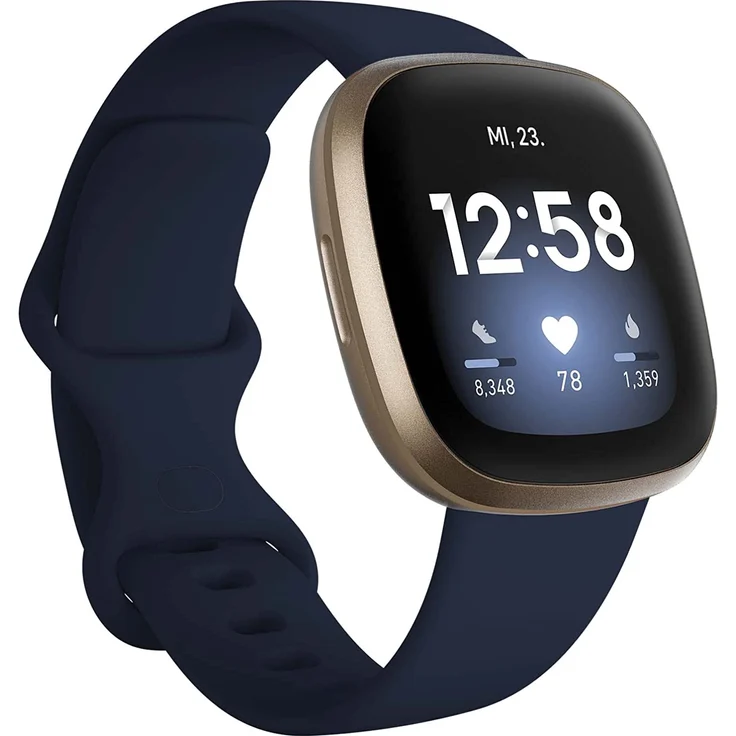 Fitbit Versa 3 Smartwatch GPS, Unisex, S/L, Aluminiumgehäuse, Softgold/Nachtblau – Bild 1